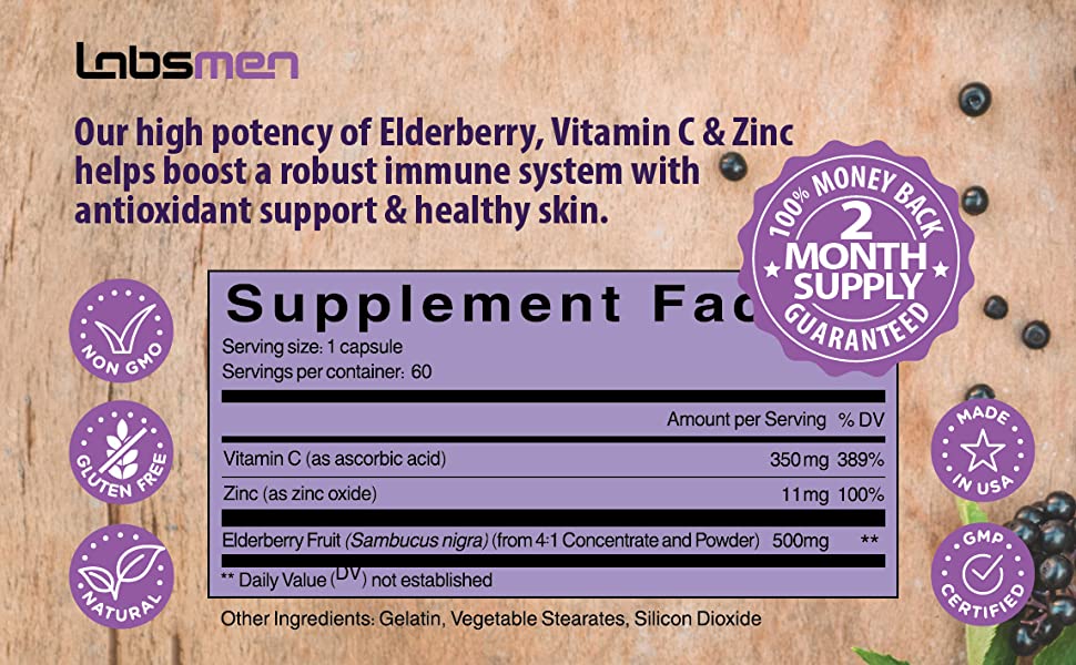 High potentcy Elderberry VItamin C Zinc boost robust immune system antioxidant support healthy skin