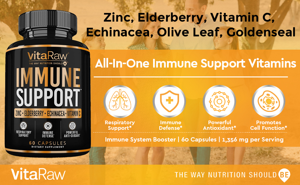 Immune Support Vitamins Zinc Elderberry Vitamin C Echinacea Goldenseal Capsules System Supplement