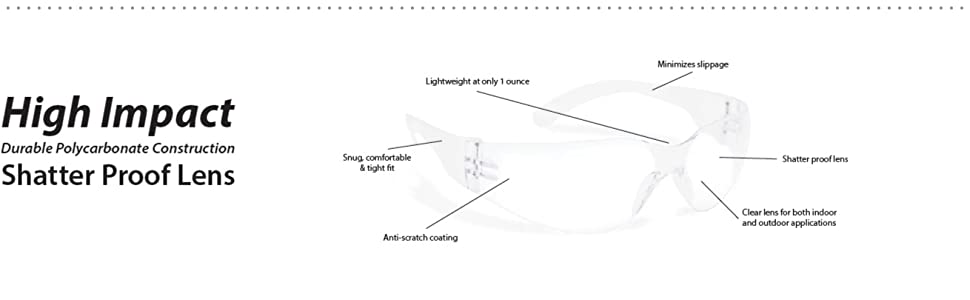 Image of pair of Clear Lens Clear Temple safety glasses with detailed information.