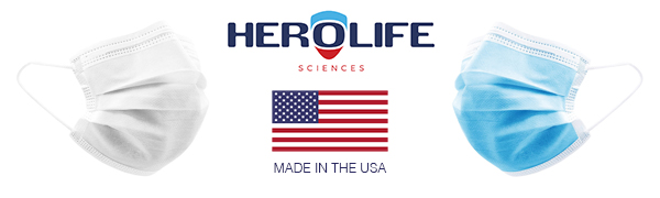 HeroLife Sciences Logo, Two disposable masks, American flag, Made in the USA